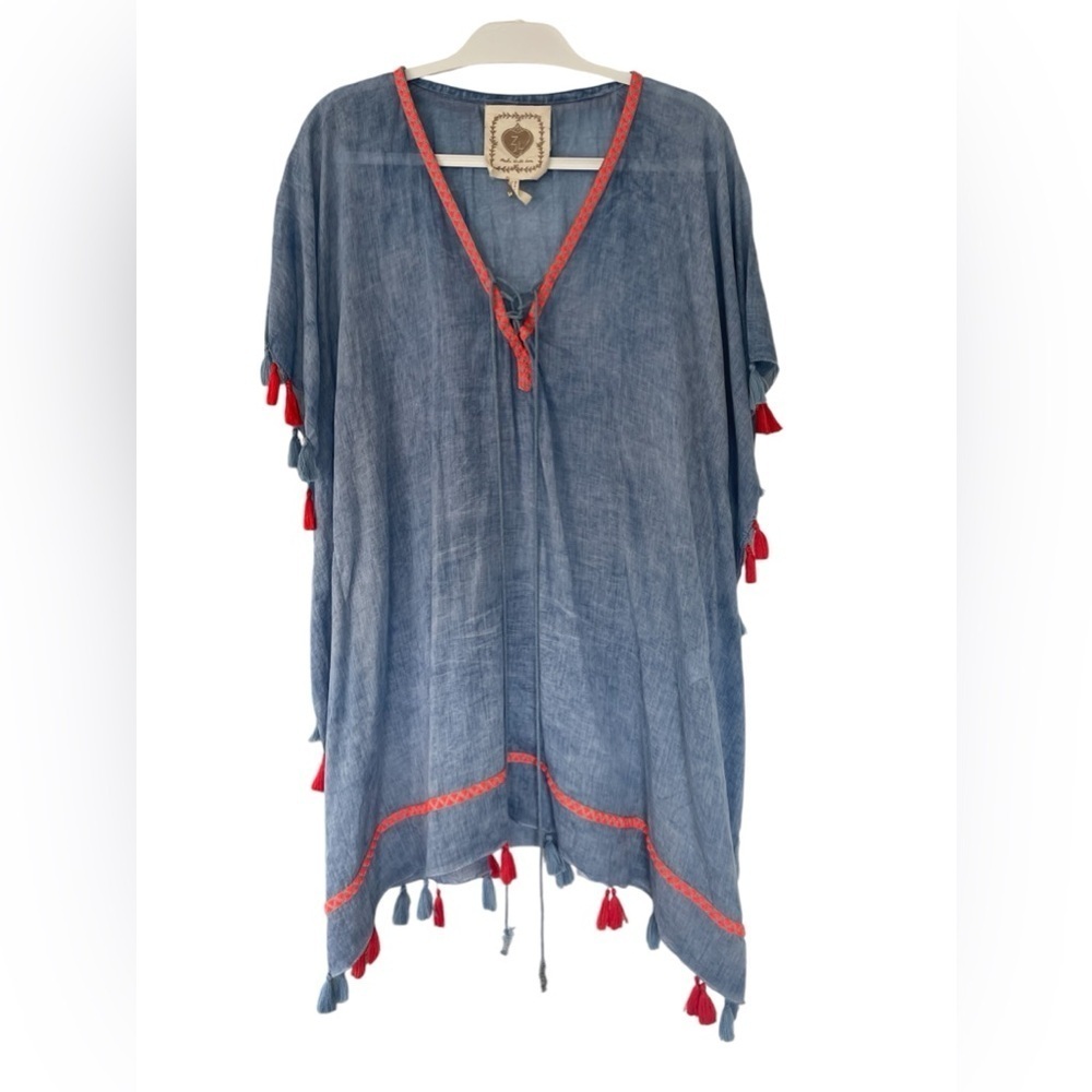 Z & L Europe Poncho 100% Cortton Blue and Pink Tassle Boho Euro Swim Cover Up